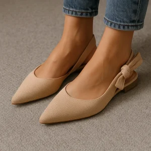 Ballerines tressées à bout pointu et nœud décoratif - Nude cotelé