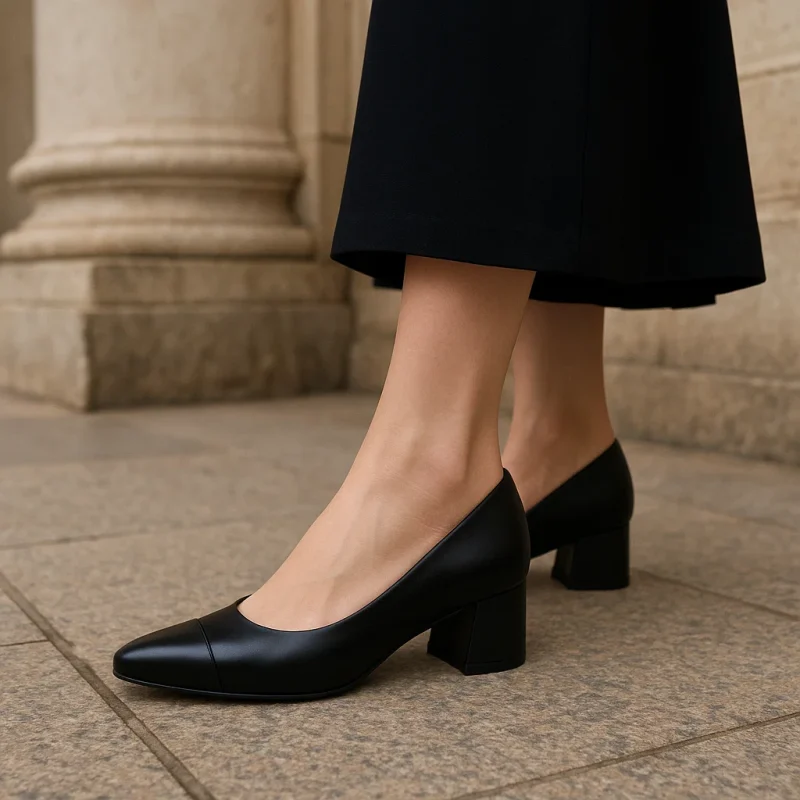Escarpins à talon carré et bout arrondi effet mat - Noir