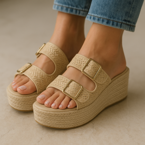 Sabot plateforme en raphia avec brides à boucles métalliques- Abricot
